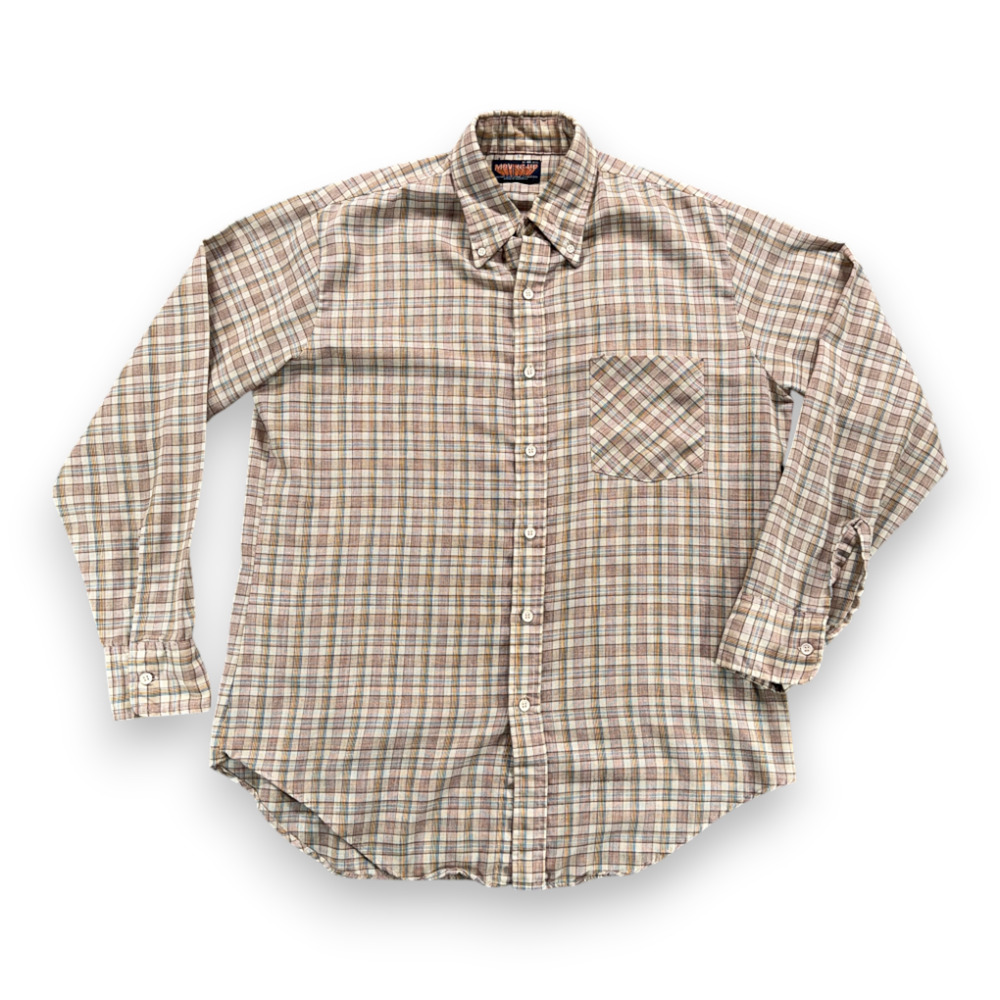 Vintage Moving Up Shirt Adult MEDIUM Brown Pastel Plaid Button Down 70s
